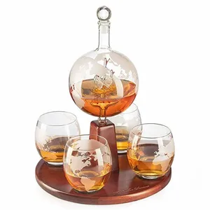 Image of Etched World Decanter with Antique Ship and 4 World Map Glasses