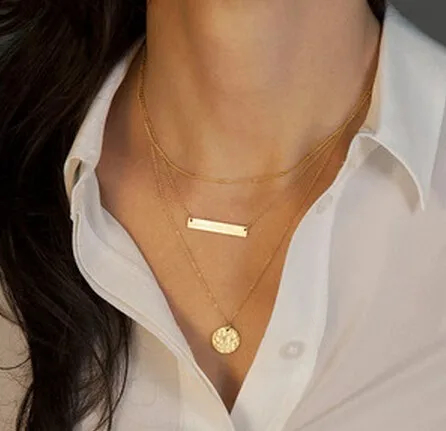 

WIIPU Gold Plated 3 Layer Chain Jewelry Geometric Paillette Pendant Necklace