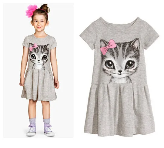 summer girl dress cat print grey pink baby girl dress children clothing children dress 3 10years