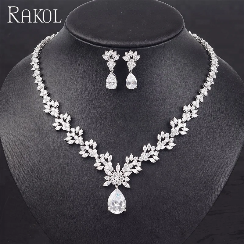 

RAKOL Unique butterfly shape zircon stone earrings necklace Dubai style wedding bridal jewelry set S039, As picture