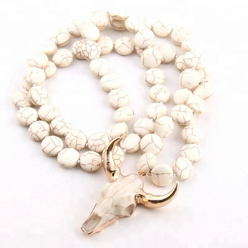

Fashion women White Beige Flat Beads Skull head necklace Knot Bull Skull horn Pendant necklace