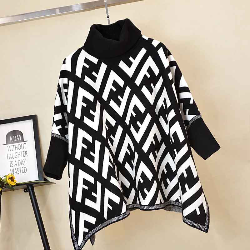 

Hot sale winter new arrival double F letter print side split loose woman poncho sweater, N/a