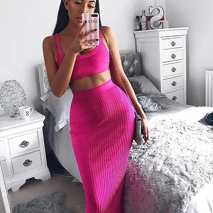 

FS1808A New design sexy woman pink crop tops and skirts