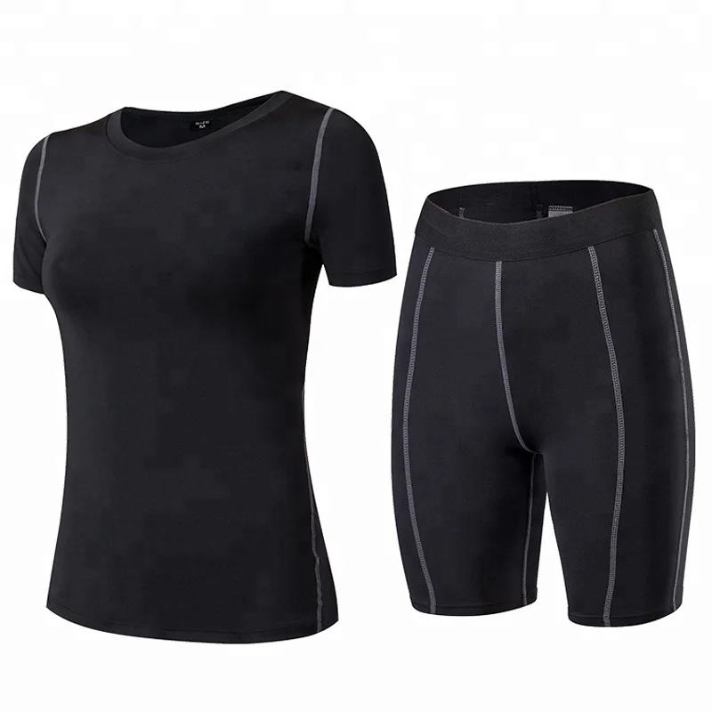 

Gym Workout Running Lady Yoga Sets Quick Dry Spandex Sportswear Short Sleeve T-shirt Shorts Set for Women Sports Suit, As pictures