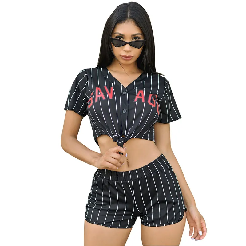 

Sexy Striped Printed Baseball Jersey Shorts Set, N/a