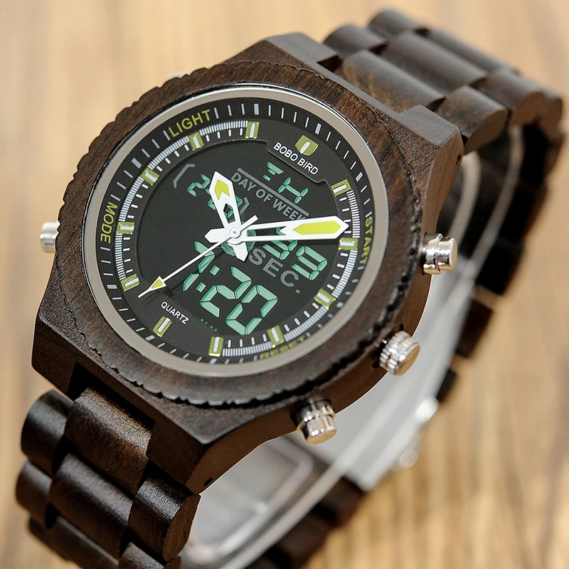 

BOBO BIRD Wooden Watches Luxury Brand Dual Display Quartz Watch Men LED Digital Sport Military Wristwatch