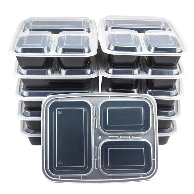 

32oz 3 Compartment BPA Free Durable Reusable Stackable Microwaveable Plastic Food Storage Meal Prep Containers with Lids, Black/transparent/green