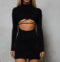 

New Style Women Polyester Black Dew Chest Ladies Sexy Long Sleeve Short Dress