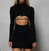 New Style Women Polyester Black Dew Chest Ladies Sexy Long Sleeve Short Dress