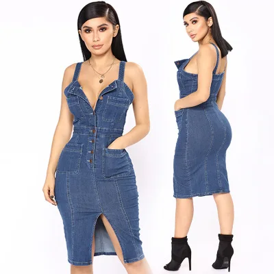 

Good quality Sexy ladies off shoulder sundress buttons open breasted push up denim dress ropa mujer hot night dress for women, Picture