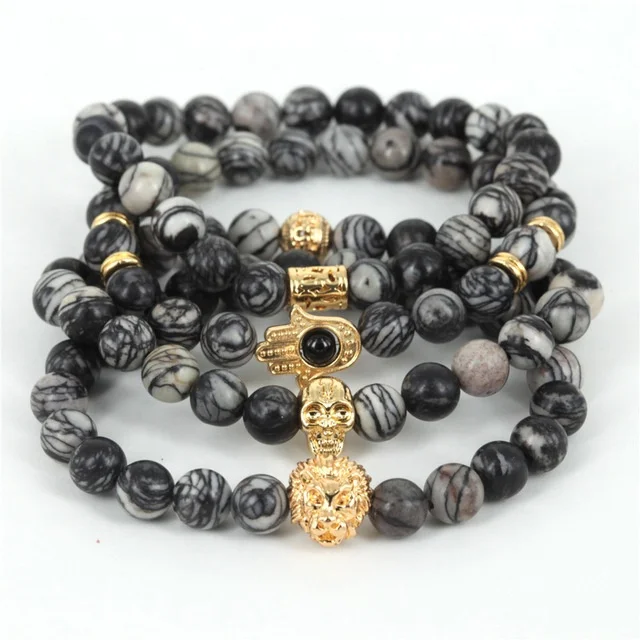 

Natural Network Black Jasper Stone Beads Skull Bracelet Men Customs Stone Hamsa Bracelet 24kt Gold Lion Head Bracelet, Multicolor as photos