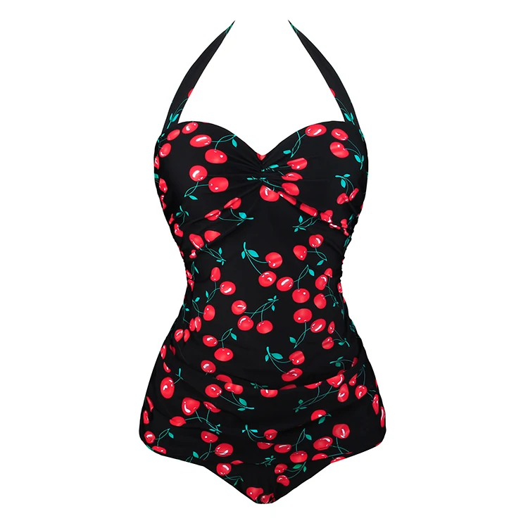 

OEM Female One Piece Swimming Wear Backless Cherry Print Swimsuit, Shown