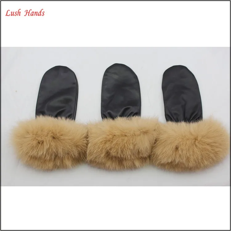 ladies wholesale knit leather mittens with rabbit fur