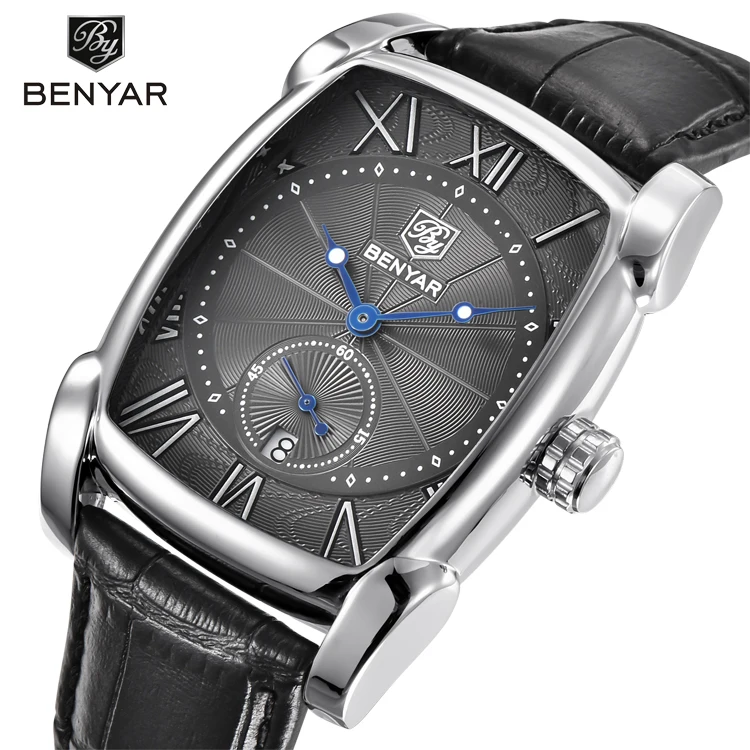 

BENYAR BY 5114 Luxury Waterproof Genuine Leather Quartz Watch Classic Rectangle Case Auto Date Fashion Casual Watches