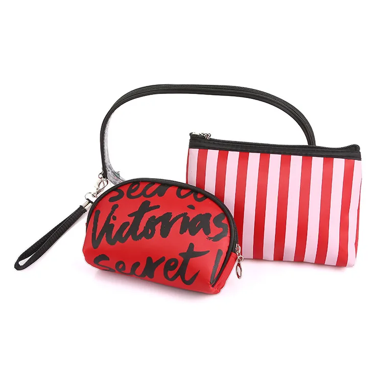 

3pcs Hot Selling Custom Clear PVC PU Travel Red Black and Pink Stripe Cosmetic Toiletry Bag