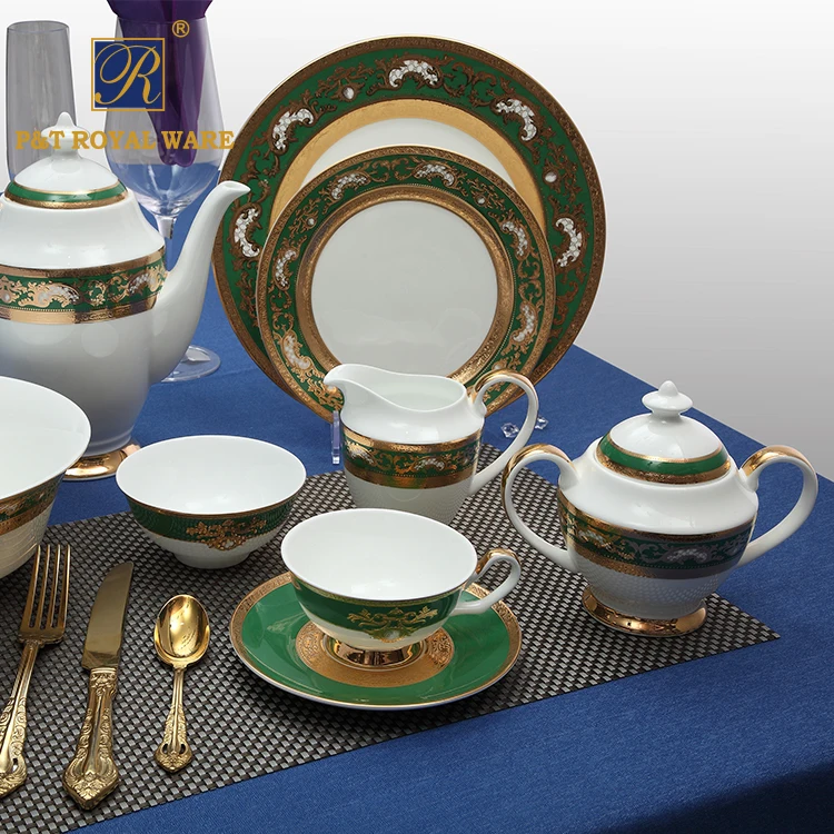 china supplier Professional Hotel decal dinnerware Embossed gold green Bone China Dinner Set