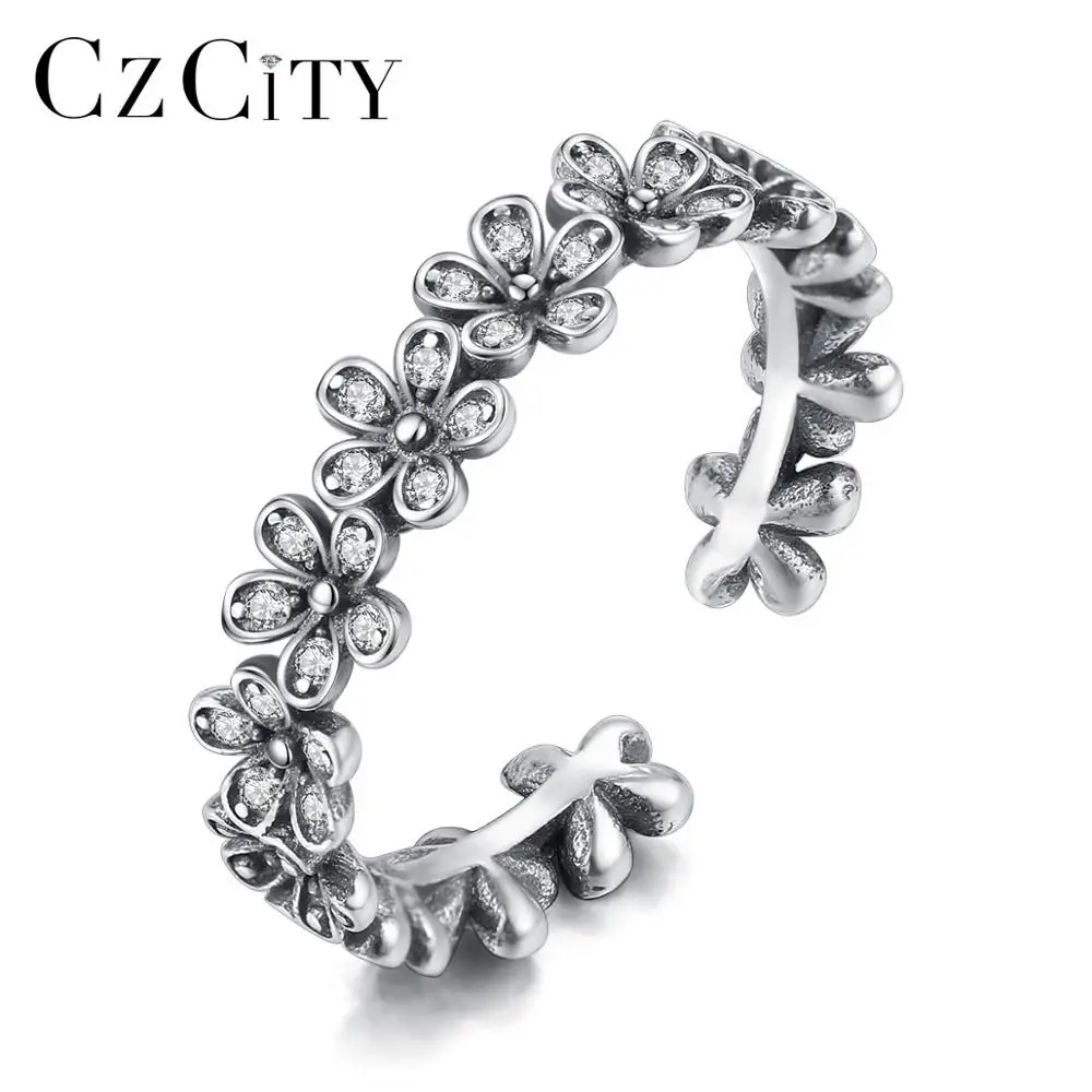 

CZCITY Vintage Ethnic Style Clear CZ Black Silver 925 Sterling Silver Open Daisy Flower Rings