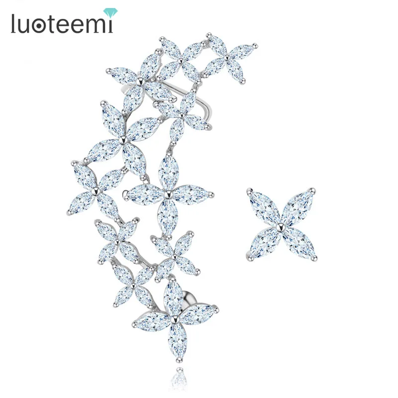 

LUOTEEMI Popular Fine Jewelry White Gold Plated Romantic Elegant Lady Geometric Asymmetry CZ Crystal Flower Cuff Earring