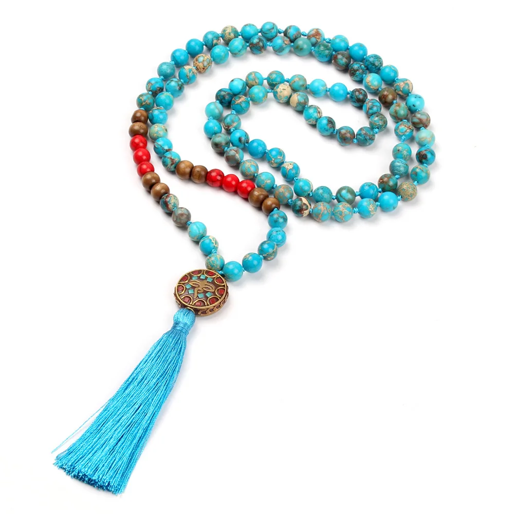 

8mm imperial turquoise 108 Bead Mala Hand Knotted Buddhist Necklace with tassel