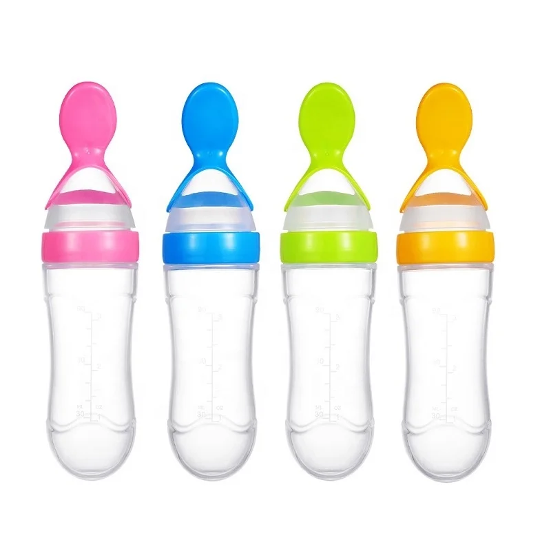 Manufacturer Wholesale BPA Free 90ml Silicone Baby Food Squeeze Feeding Bottle Spoon