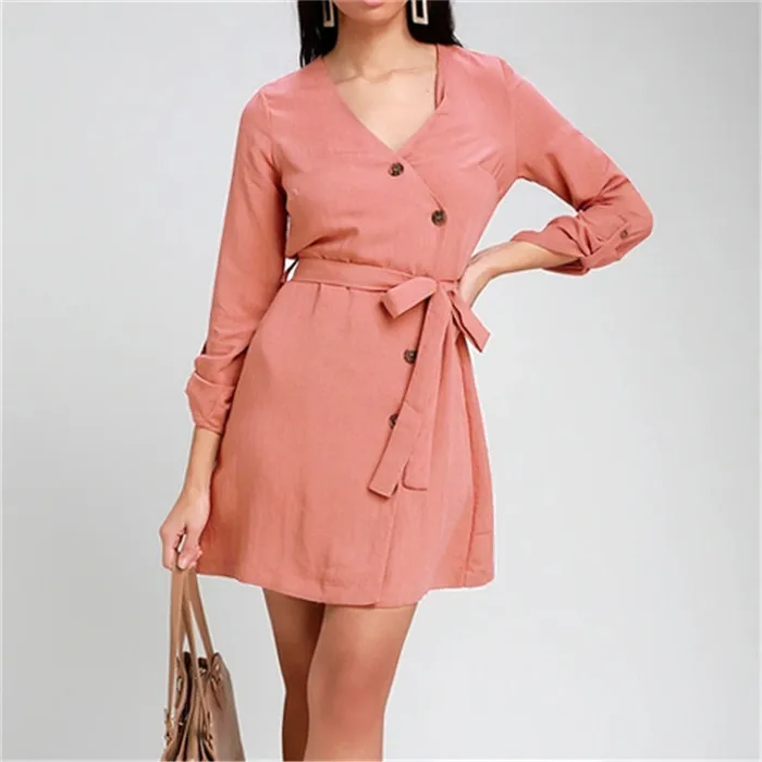 

Wholesale button up wrap dress long sleeve V neck high waist belt dress loose casual solid color dress