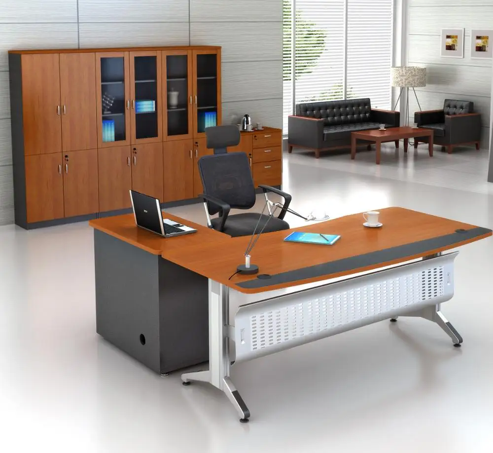 Modern Bent Glass Office Desk With Walnut Wood Veneer Drawer View