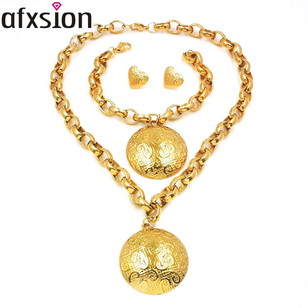 

Afxsion Classic round stainless steel plated 18k gold jewelry set earrings pendants and bracelets, Picture