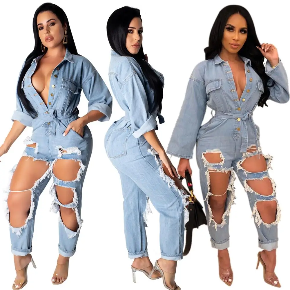 

XM6102 2019 Fashion Washed Denim Ropers Womens Hole Sashes Woman Jumpsuit