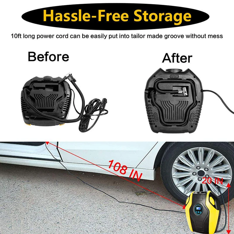 150PSI Electric Tire Inflator Portable Air Compressor with Digital Display and Emergency LED Lighting