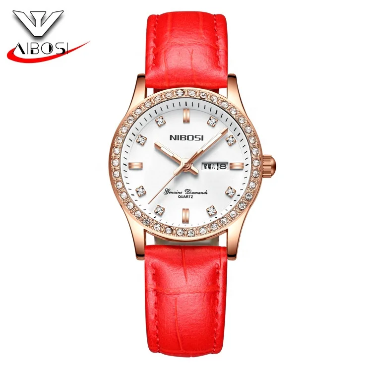 

NIBOSI fashion luxury watch Hot Sell 3atm Waterproof Lady Watch Rose Gold Diamond Wristwatch Genuine Leather for Women