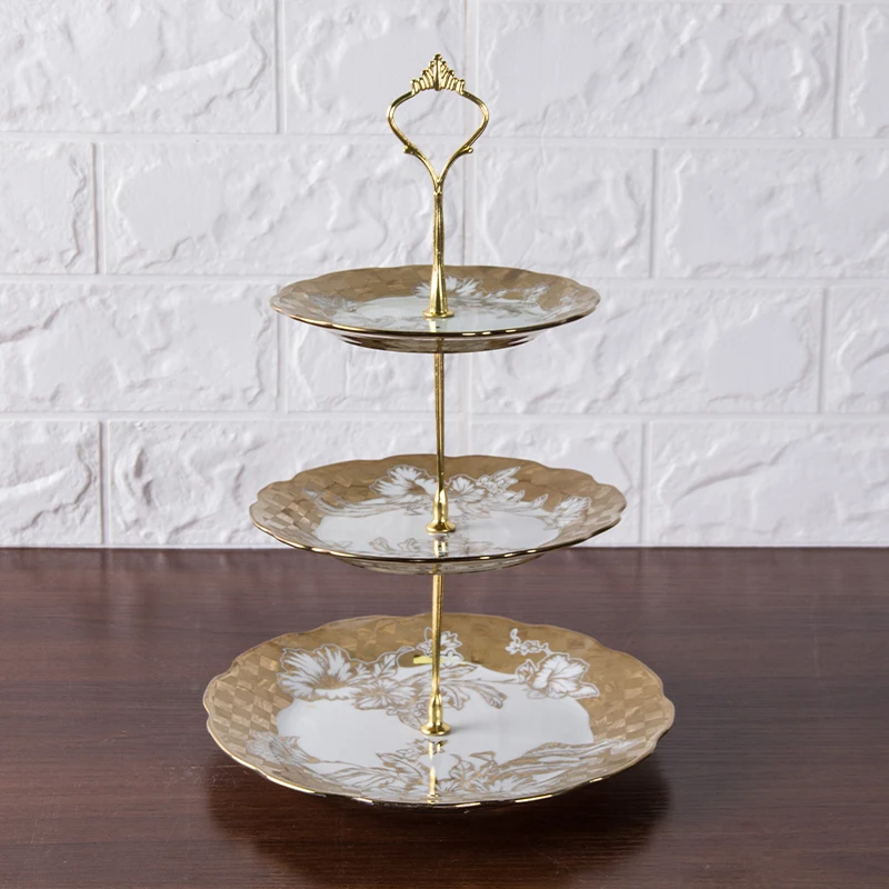 

3 Tier Golden Flower Ceramic Plate Dessert Plates For Wedding