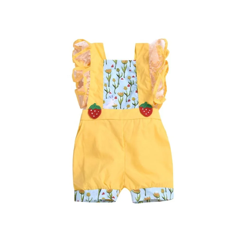 

New born baby's clothes Yellow Ruffled Lace Dot Lace Sewing Strawberry Buttons Baby Girls Onesie Rompers Infant Baby Clothes, Picture