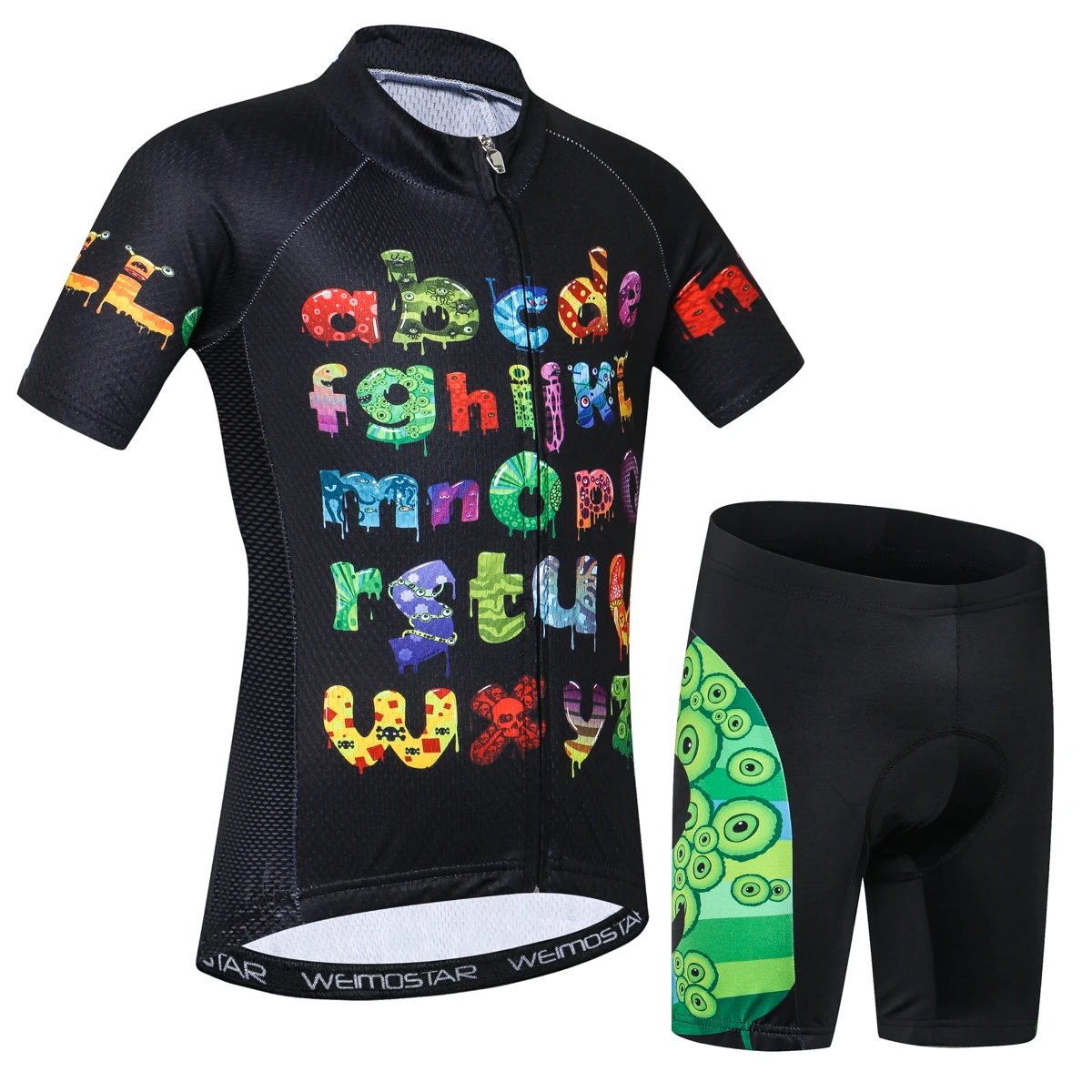 Kids Cycling Jersey Set Cartoon Short Sleeve Bike Top for Boy Girl with Padded Shorts Funny Alphabet Size M
