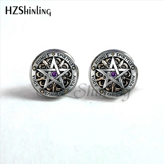 

Fashion Wiccan Ear Nail Magic Wicca Pentagram Ear Studs Occult Stud Earrings Jewelry Glass Cabochon Earrings For Women Girls, Colorful