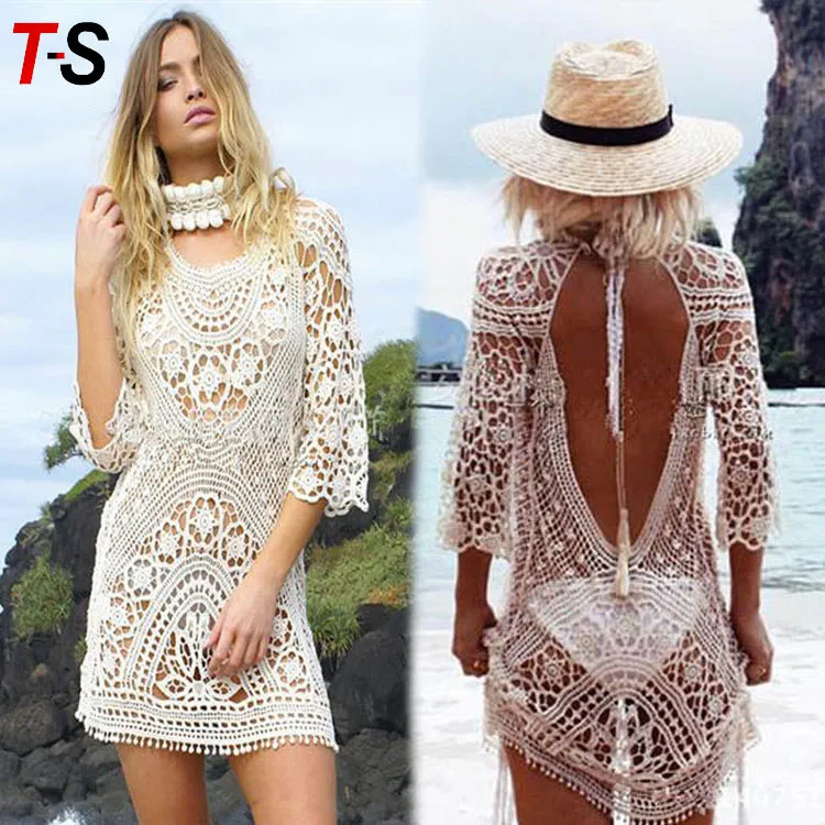 

Beach vacation suntan clothes sexy hollow-out lace hook flowers backless dress bikini coverup, Customized color