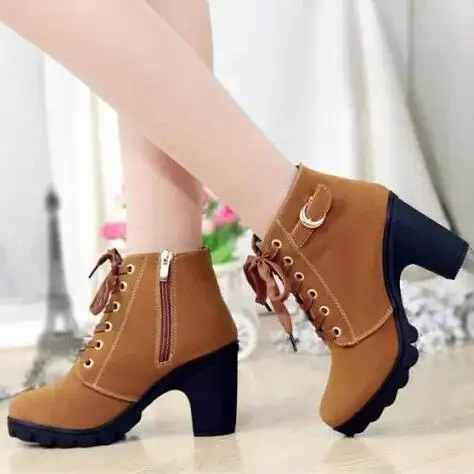 

cz18081a Hot sale ladies chunky high heel boots pu faux fur warm lining black women cross straps round toe boots, Black/brown