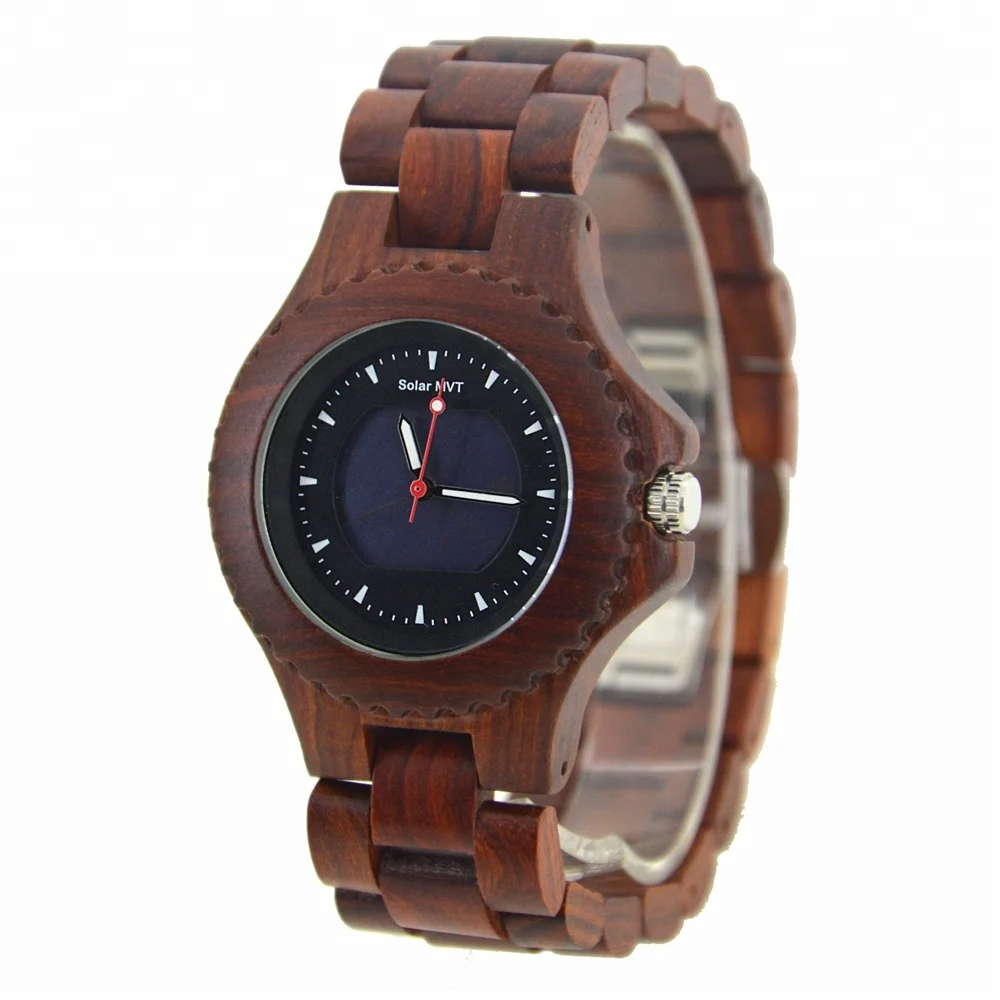 

BEWELL private label natural red sandalwood solar powered wrist watch