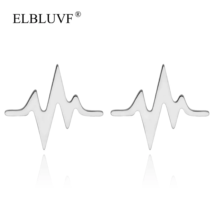 

ELBLUVF Free Shipping Women Jewelry EKG Heart Beat Cardiogram Stud Stainless steel Earrings, Stainless-steel original color