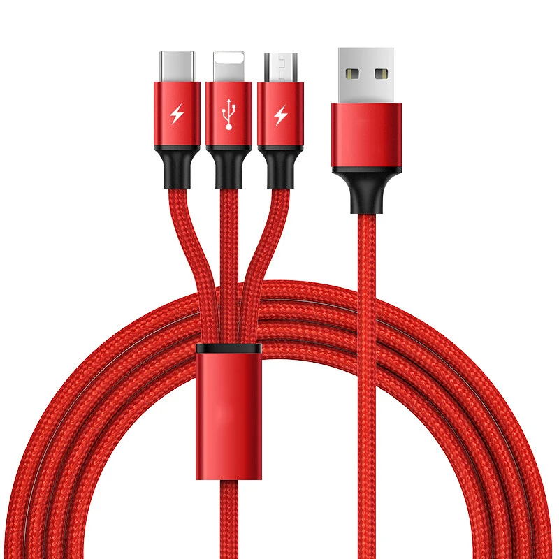 Shenzhen Factory Wholesales Nylon Mobile Phone Data Cable 3 in 1 Type C Micro Charge Multi USB Cable