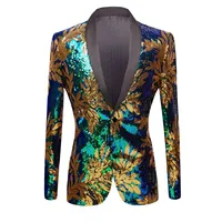 

New Green Blue Gold Leaves Pattern Sequins Blazer DJ Night Club Singers Slim Fit Men Suit Jacket Stage Shiny Costume