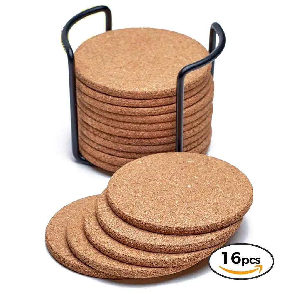 

Natural blank Cork Coasters With Round Edge of 16pc Set with Metal Holder Storage Caddy