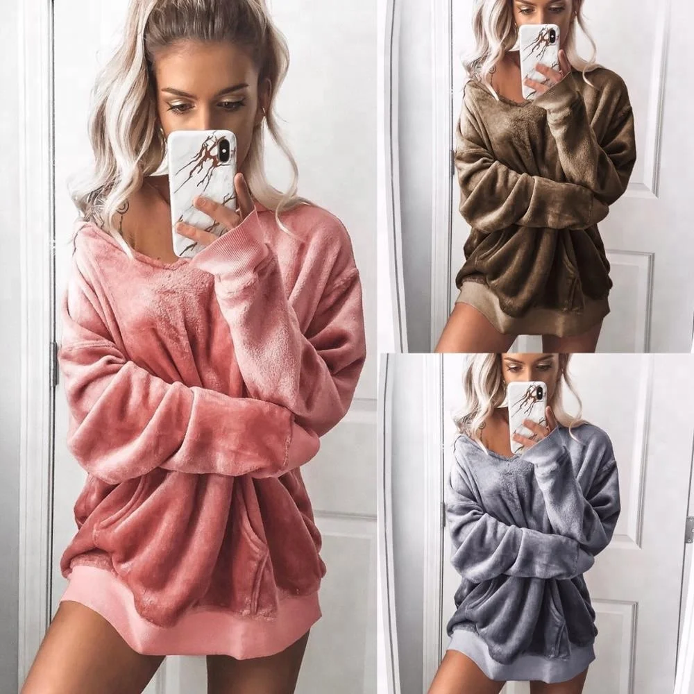

B21621A Women's blouse fashion velvet long sleeved sweater Hoodie, Khaki, pink, gray
