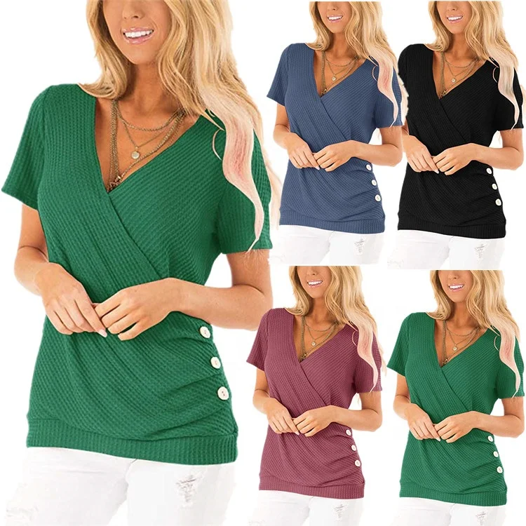 

F73 Tops 2019 Women's fashion loose casual V-neck button top T-shirt oversized t shirt
