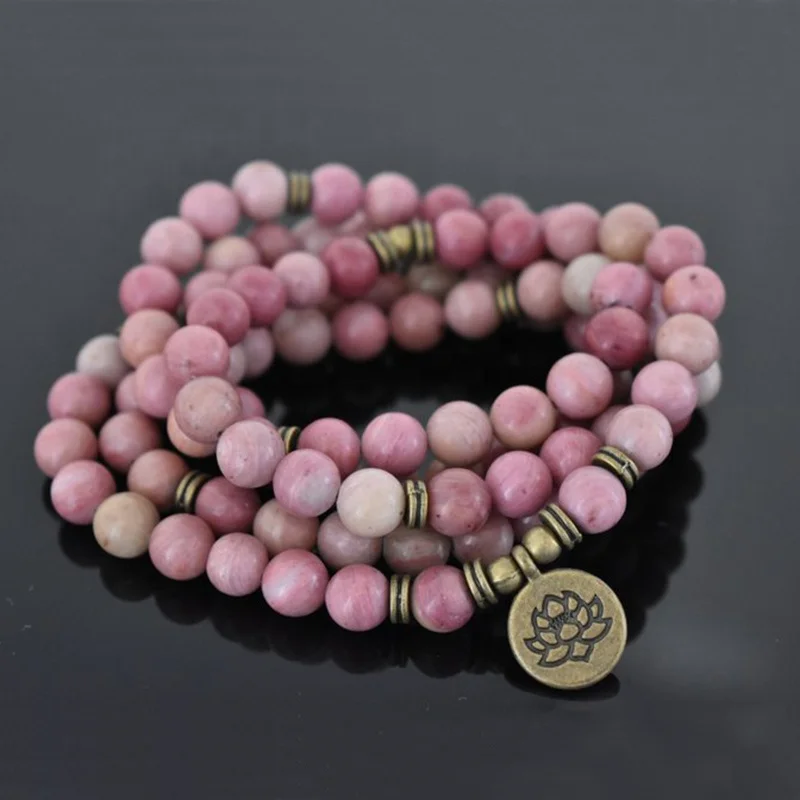 

SN1649 Lotus Flower Charm Spiritual Jewelry Yoga Meditation Mala Beads Bracelet 108 Rhodonite Bracelet, As picture