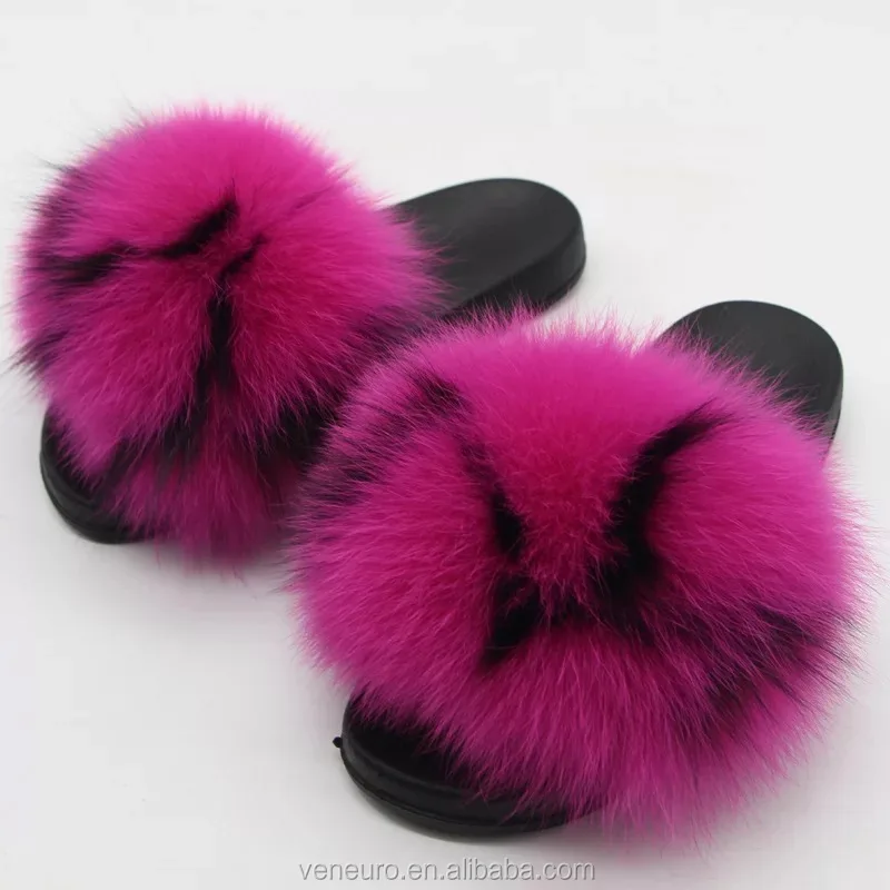 

Fashion Design Women Real Big Fox Fur Slides Colorful Sandal Soft Pom Furry Slippers, Customized color