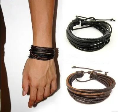 

Fashion Women Men Surfer Tribal Wrap Multilayer Genuine Leather Cuff Bracelet, Black ,coffee