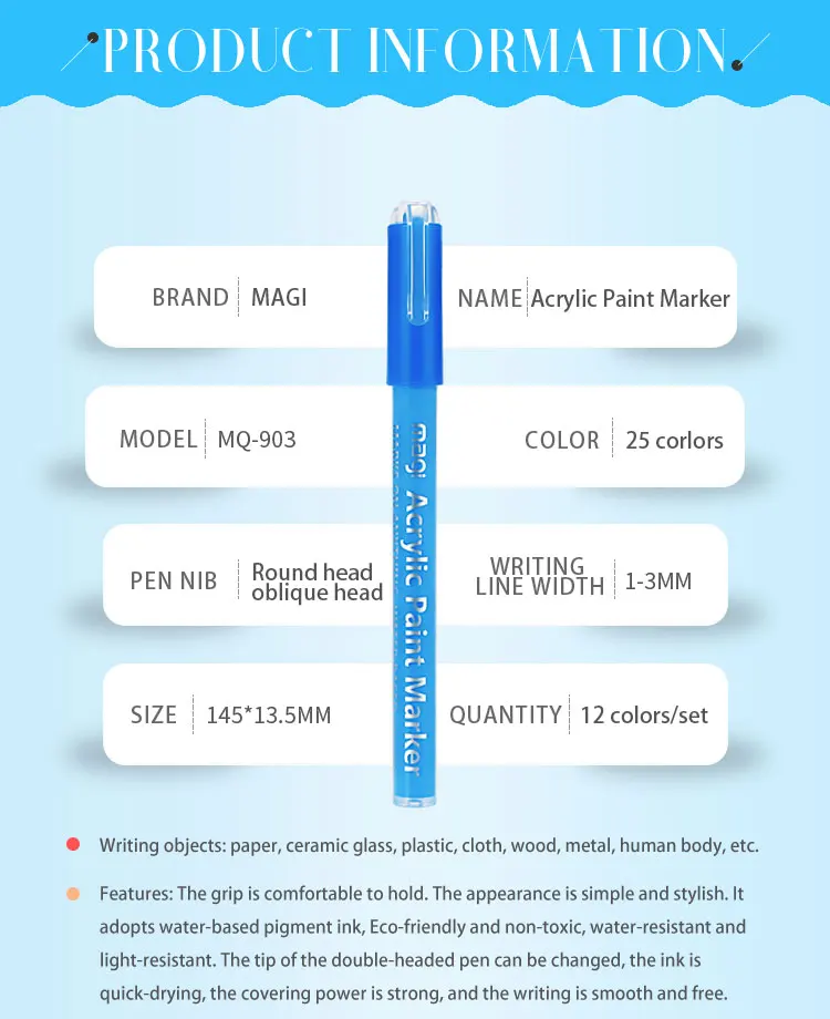 High Quality 12 Colors 3mm Nib Permanent Waterproof Fabric Acrylic