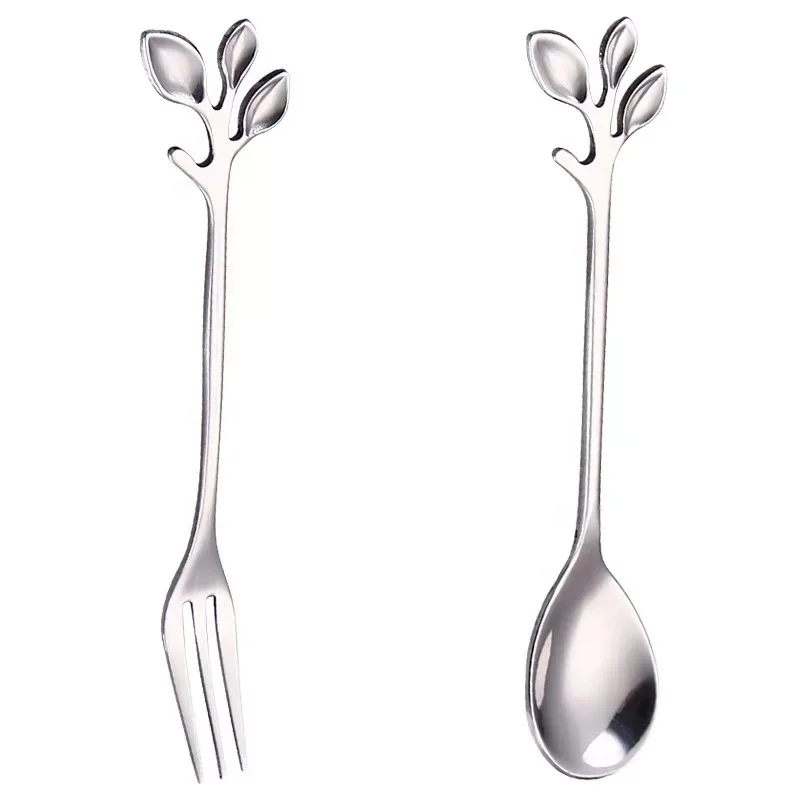 

High quality Stainless Steel Flatware Tea Leaf-shaped Coffee Spoon And Fork, Silver/gold/rose gold/black/blue/purple/rainbow