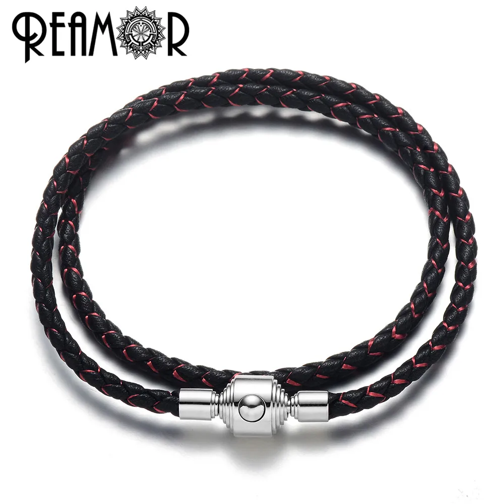 

REAMOR Women Simple Genuine Leather Silk Braided 316l Stainless Steel Clasp Bracelet For 2019 New Arrival Bangle Jewelry