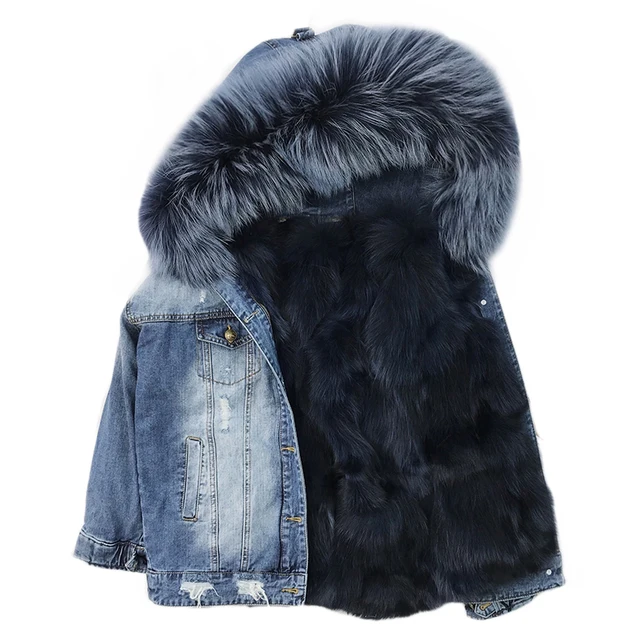 denim coat with fur hood